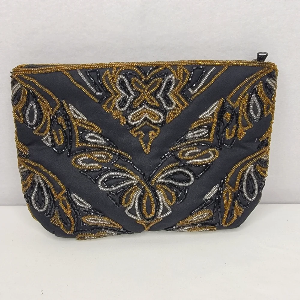 Elegant Hand Beaded Clutch in Black‎ and Gold By LaRegale Ltd